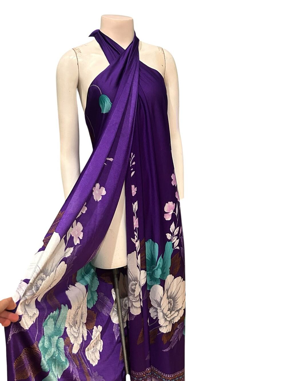 Vintage 70s Malihini Hawaii Purple Floral Halter Wrap Maxi Dress Boho One Size -